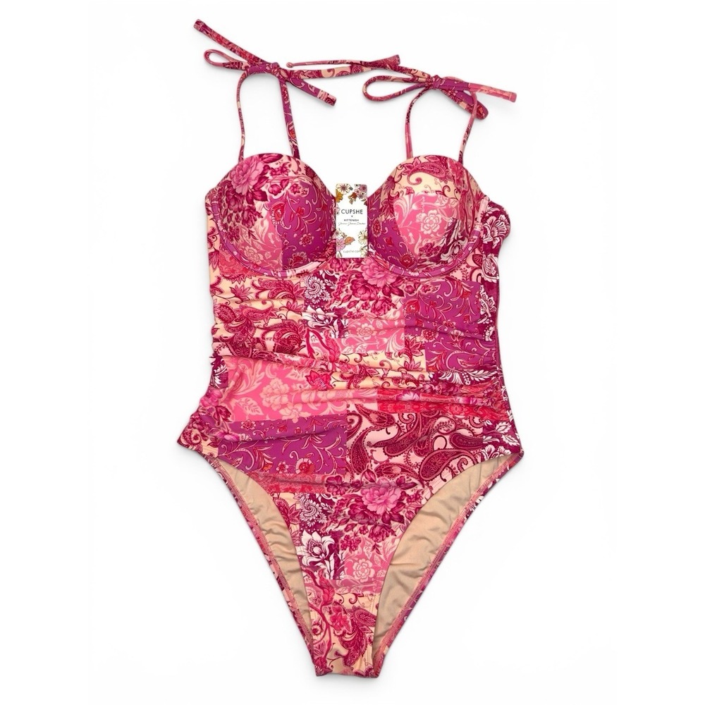 NWT Cupshe x JJD Kittenish One-Piece Swimsuit Women's Pink Floral Size M - Picture 2 of 7